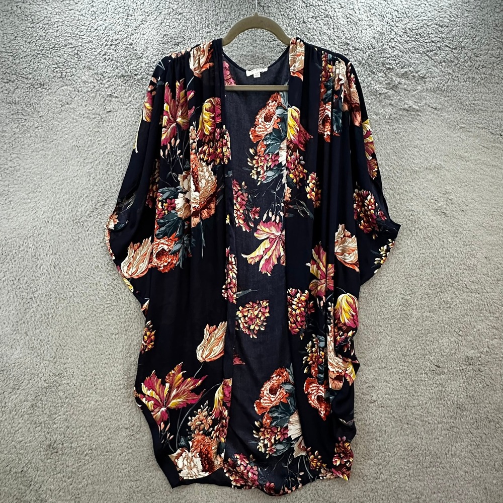 Umgee Women's S/M Navy Floral Open Front Kimono Dolman Sleeve Feminine Flowy EUC